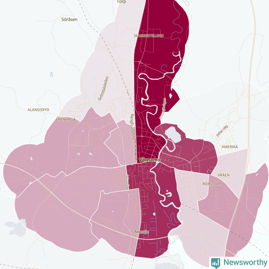 Karta som visar antalet cykelstölder i olika delar av Värnamo, se tabell ovan