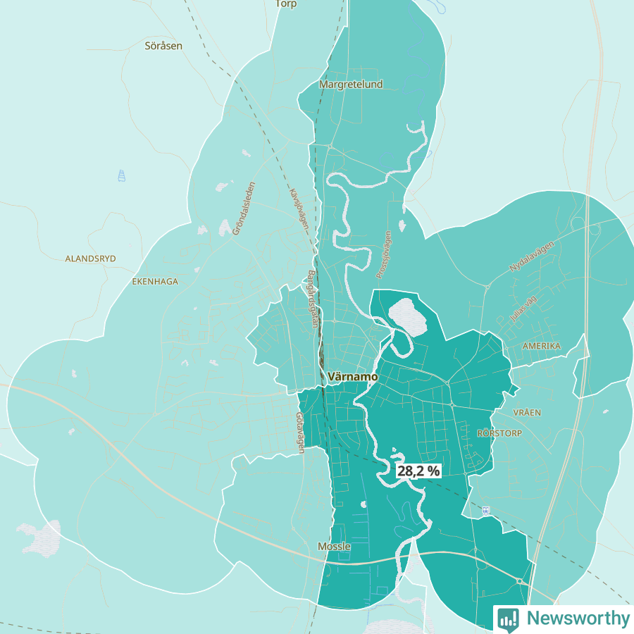 Karta över andel av befolkningen är ensamstående utan barn per område i Värnamo 2023.