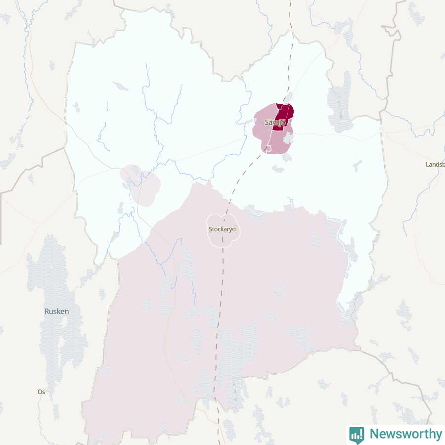 Karta som visar antalet cykelstölder i olika delar av Sävsjö kommun, även i tabell nedan