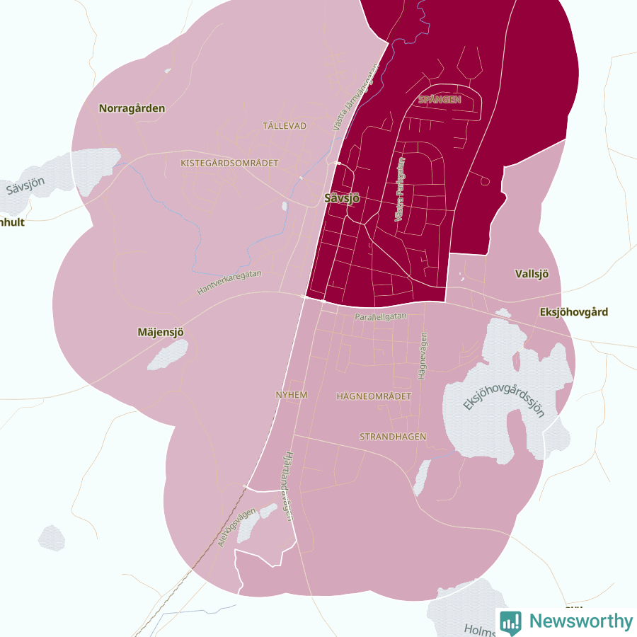 Karta som visar antalet cykelstölder i olika delar av Sävsjö, se tabell ovan