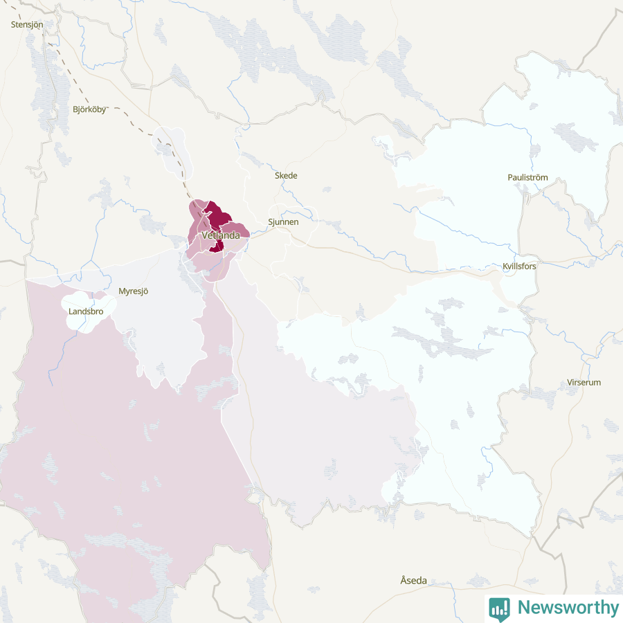 Karta som visar antalet cykelstölder i olika delar av Vetlanda kommun, även i tabell nedan