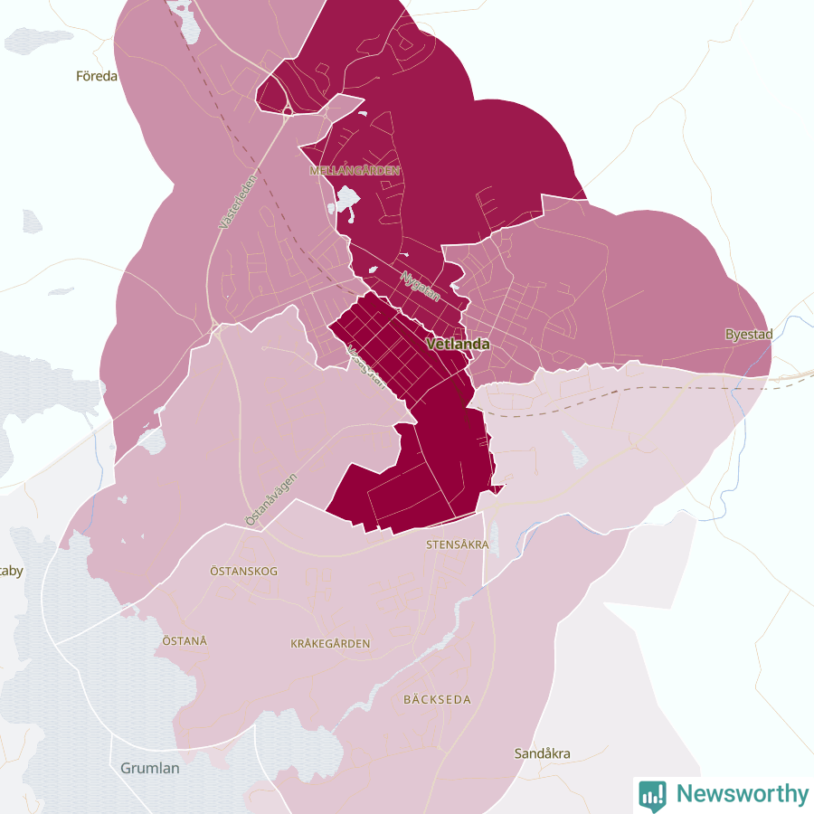 Karta som visar antalet cykelstölder i olika delar av Vetlanda, se tabell ovan