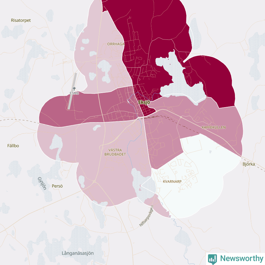 Karta som visar antalet cykelstölder i olika delar av Eksjö, se tabell ovan