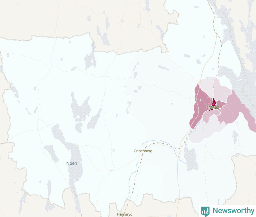Karta som visar antalet cykelstölder i olika delar av Tranås kommun, även i tabell nedan