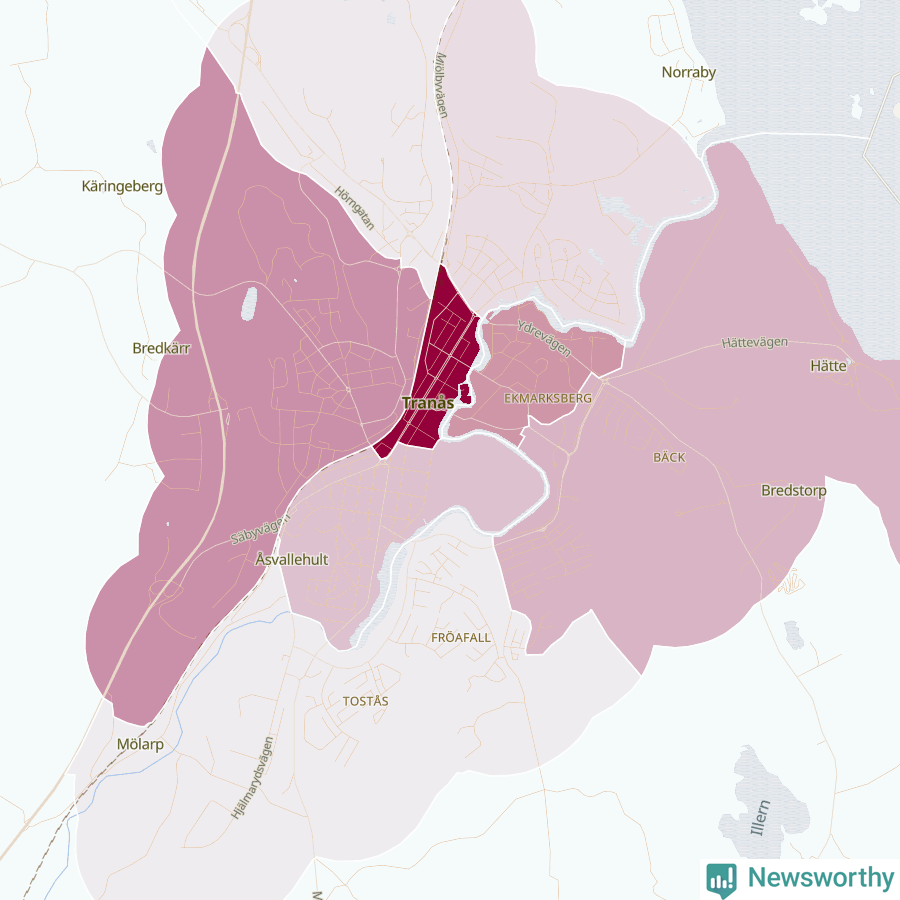 Karta som visar antalet cykelstölder i olika delar av Tranås, se tabell ovan