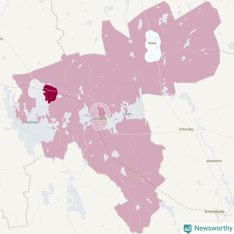 Karta som visar antalet cykelstölder i olika delar av Lessebo kommun, även i tabell nedan