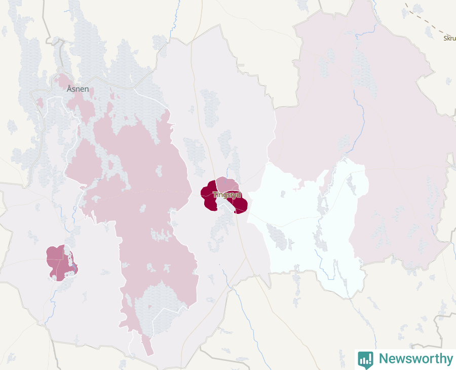 Karta som visar antalet cykelstölder i olika delar av Tingsryds kommun, även i tabell nedan