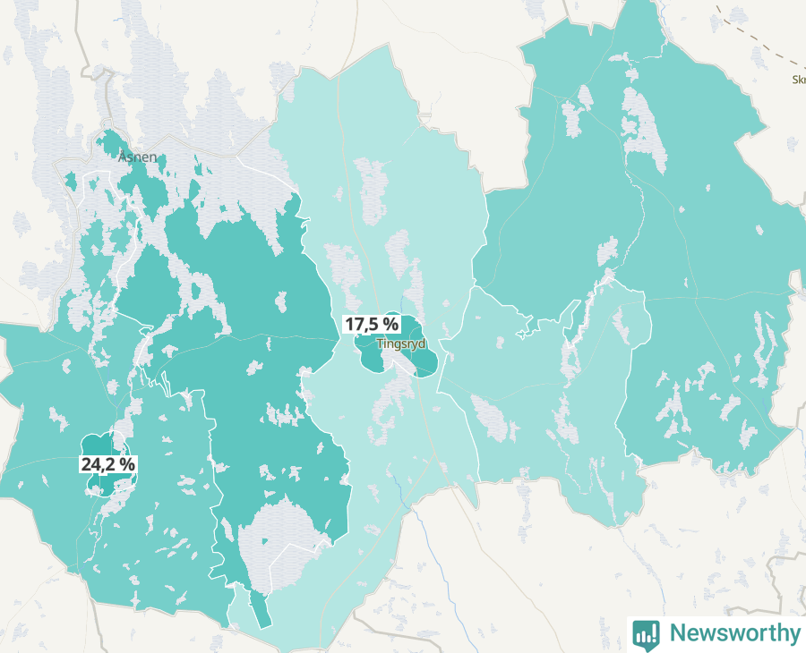 Karta över andel av befolkningen är ensamstående utan barn per område i Tingsryd 2023.