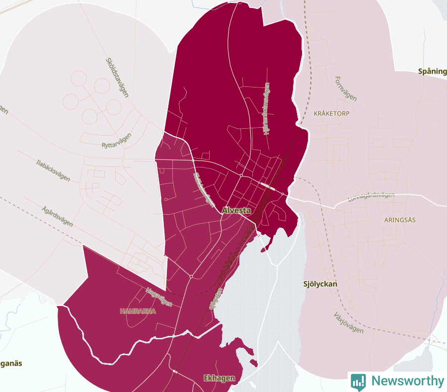 Karta som visar antalet cykelstölder i olika delar av Alvesta, se tabell ovan