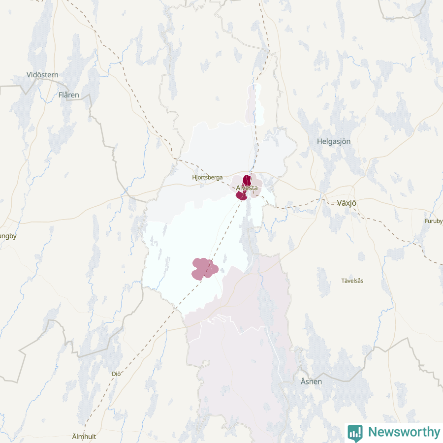 Karta som visar antalet cykelstölder i olika delar av Alvesta kommun, även i tabell nedan