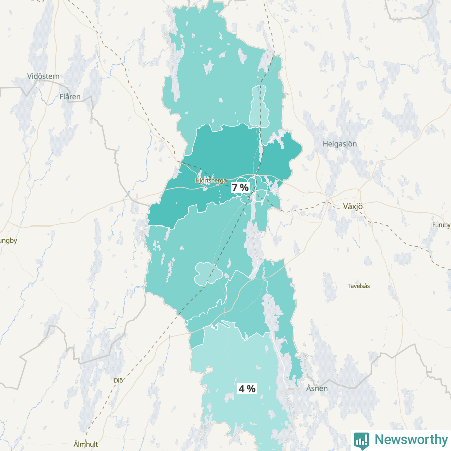 Karta över andel av befolkningensom är mellan 0 och 4 år per område i Alvesta 2024.