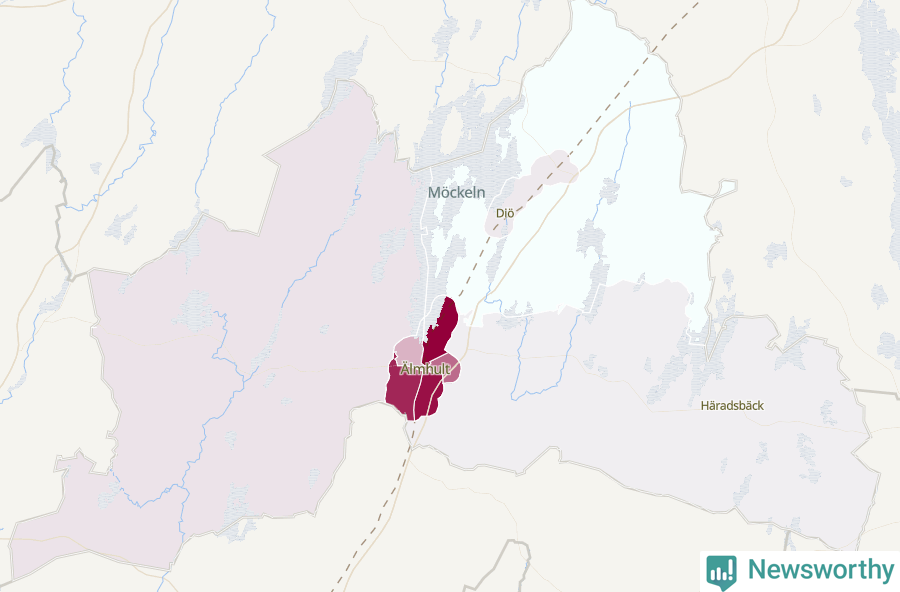 Karta som visar antalet cykelstölder i olika delar av Älmhults kommun, även i tabell nedan