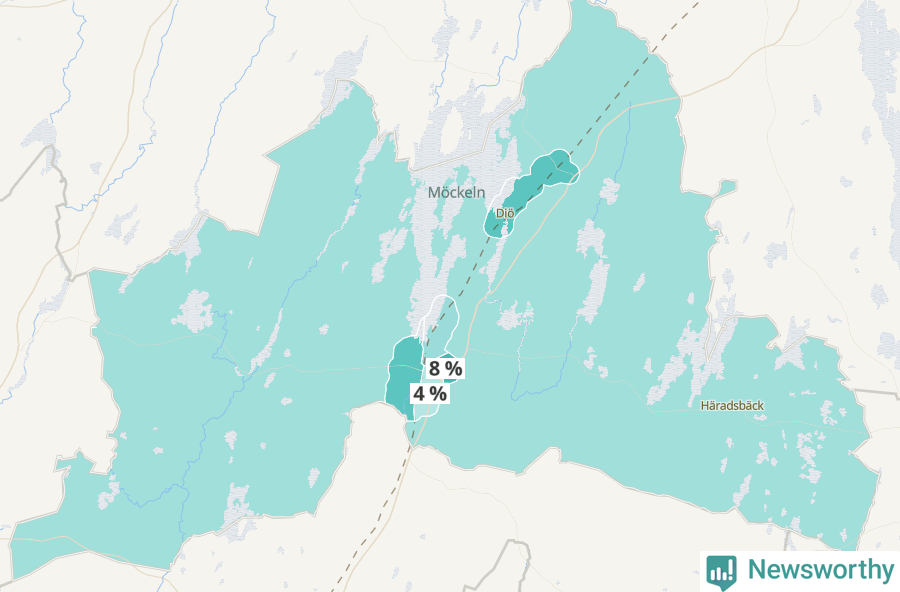 Karta över andel av befolkningensom är mellan 0 och 4 år per område i Älmhult 2024.