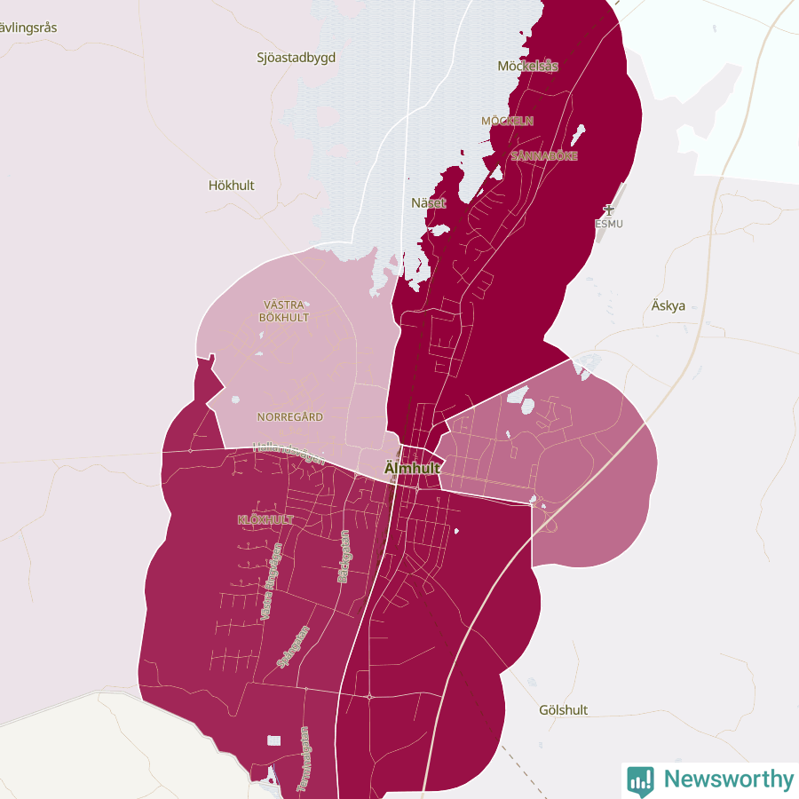 Karta som visar antalet cykelstölder i olika delar av Älmhult, se tabell ovan