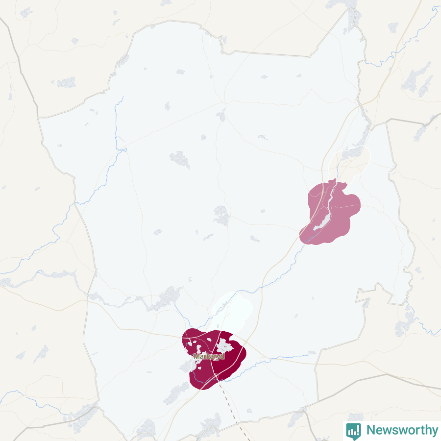 Karta som visar antalet cykelstölder i olika delar av Markaryds kommun, även i tabell nedan