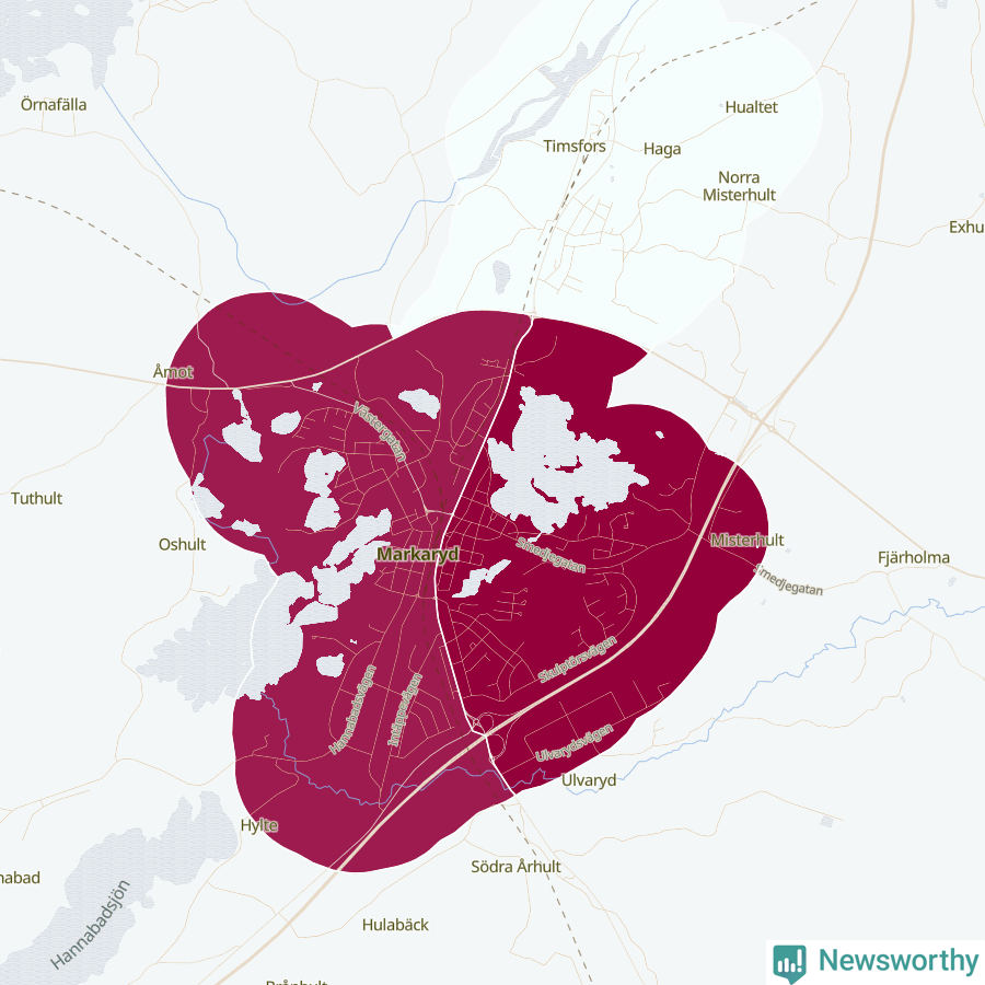 Karta som visar antalet cykelstölder i olika delar av Markaryd, se tabell ovan