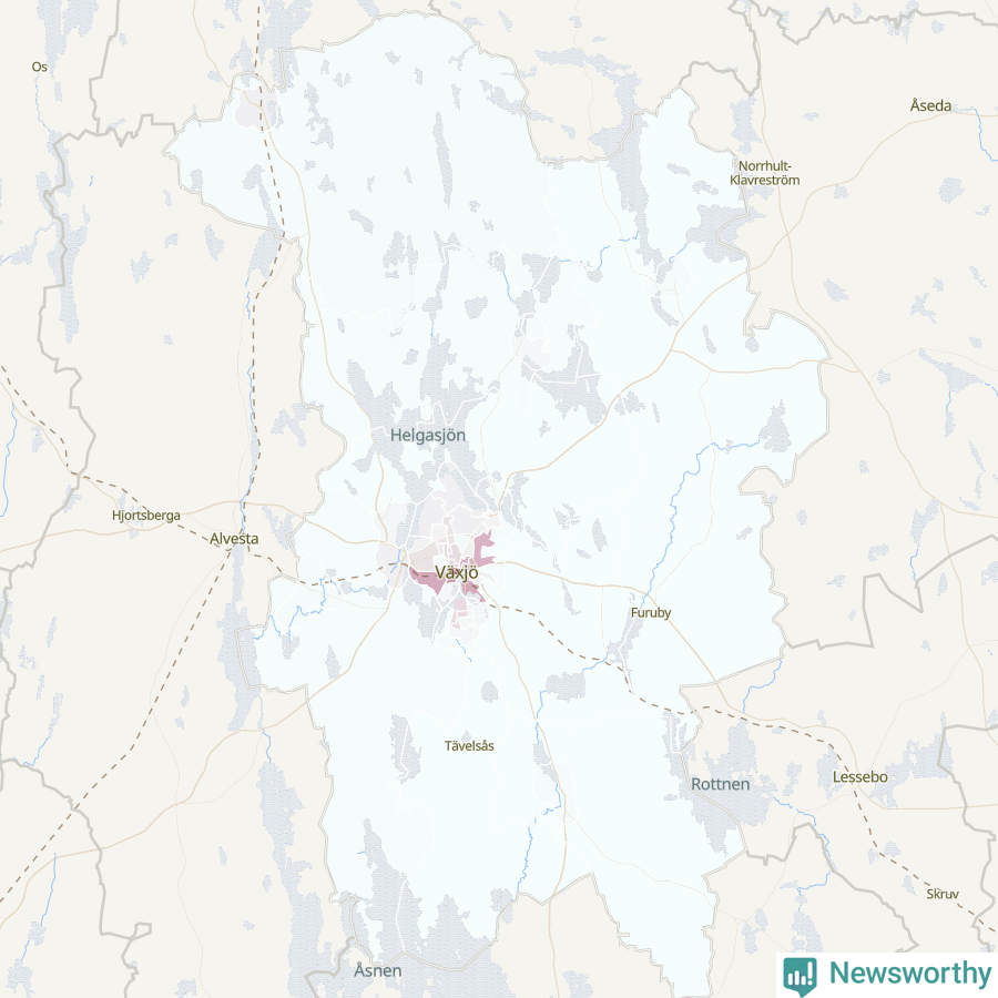 Karta som visar antalet cykelstölder i olika delar av Växjö kommun, även i tabell nedan