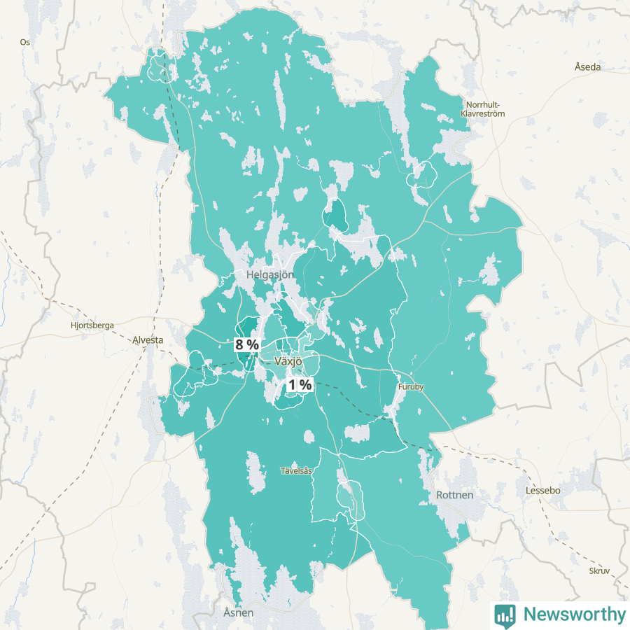 Karta över andel av befolkningensom är mellan 0 och 4 år per område i Växjö 2024.
