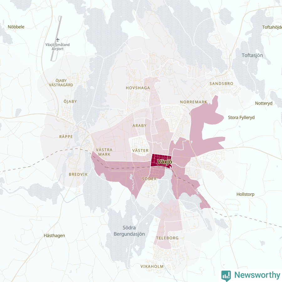 Karta som visar antalet cykelstölder i olika delar av Växjö, se tabell ovan