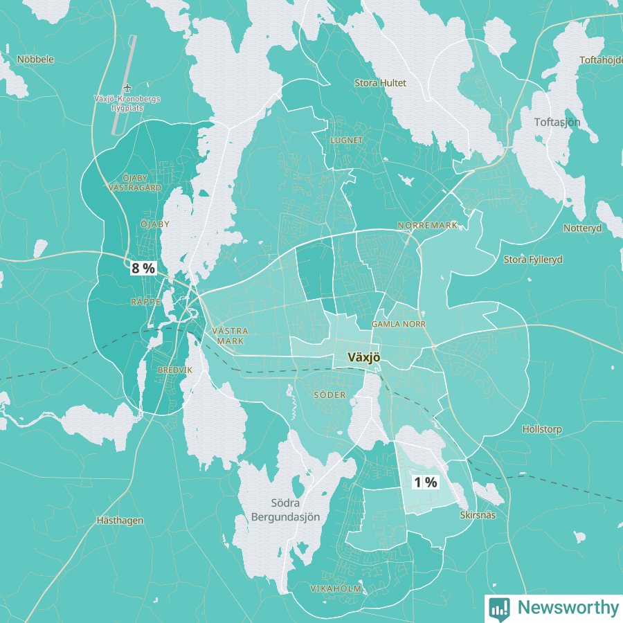 Karta över andel av befolkningen är mellan 0 och 4 år per område i Växjö 2024.