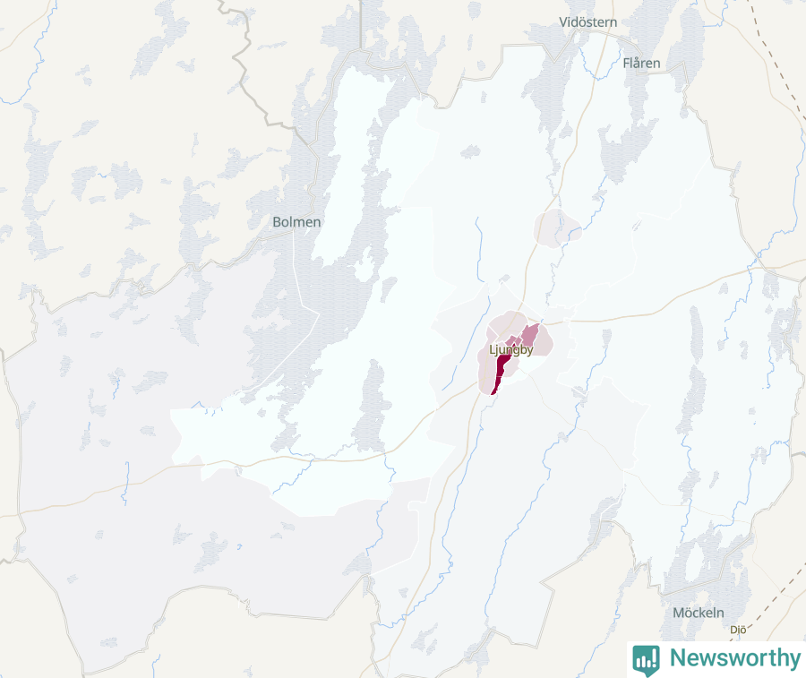 Karta som visar antalet cykelstölder i olika delar av Ljungby kommun, även i tabell nedan