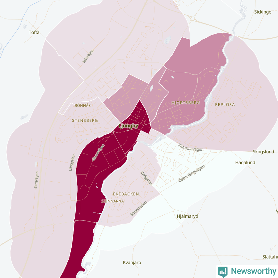 Karta som visar antalet cykelstölder i olika delar av Ljungby, se tabell ovan