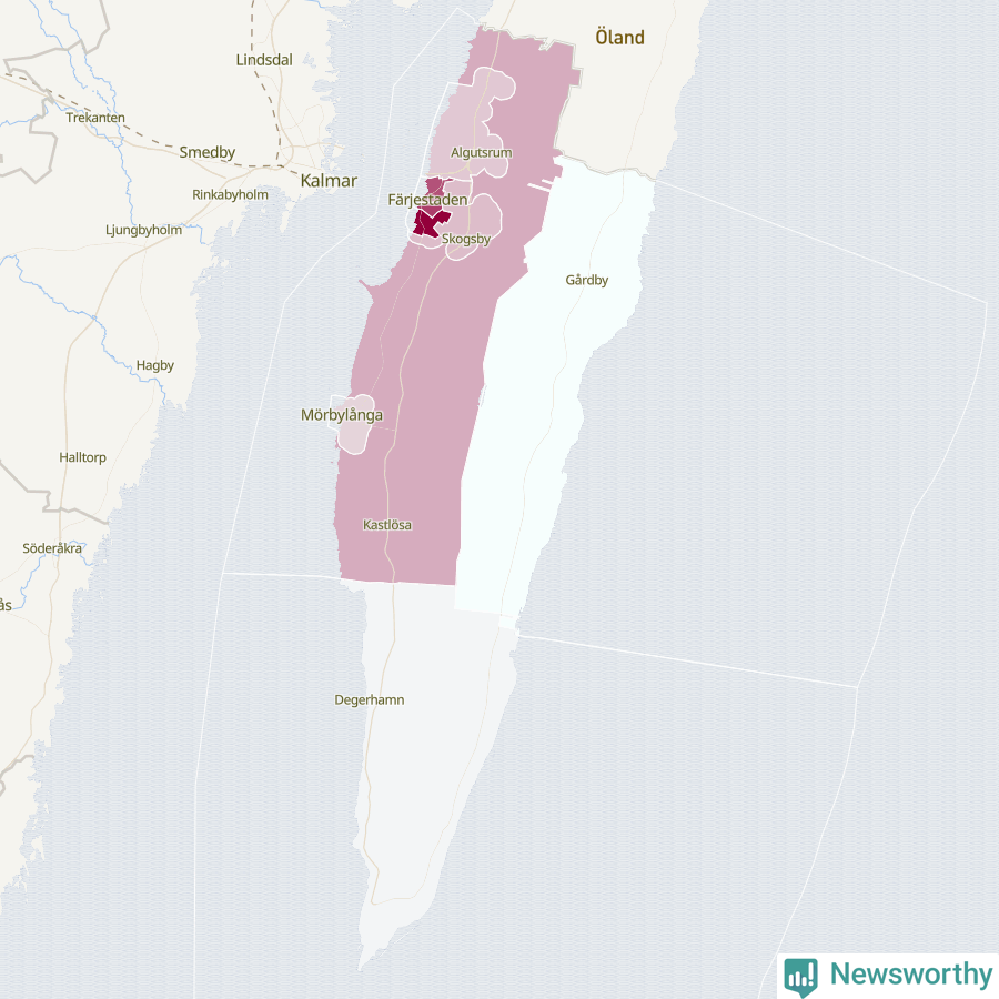 Karta som visar antalet cykelstölder i olika delar av Mörbylånga kommun, även i tabell nedan
