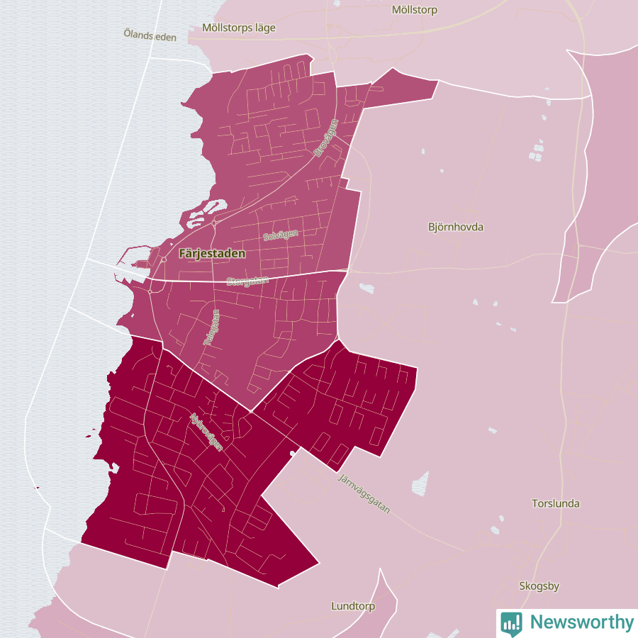 Karta som visar antalet cykelstölder i olika delar av Färjestaden, se tabell ovan
