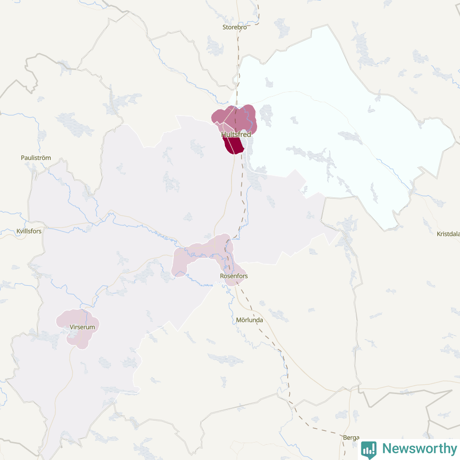 Karta som visar antalet cykelstölder i olika delar av Hultsfreds kommun, även i tabell nedan