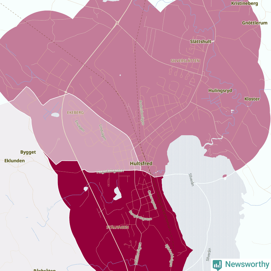 Karta som visar antalet cykelstölder i olika delar av Hultsfred, se tabell ovan