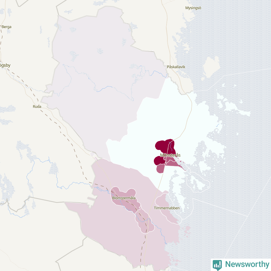 Karta som visar antalet cykelstölder i olika delar av Mönsterås kommun, även i tabell nedan