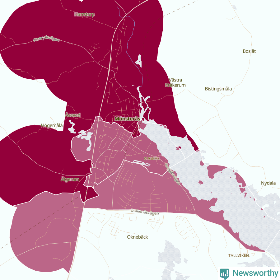 Karta som visar antalet cykelstölder i olika delar av Mönsterås, se tabell ovan