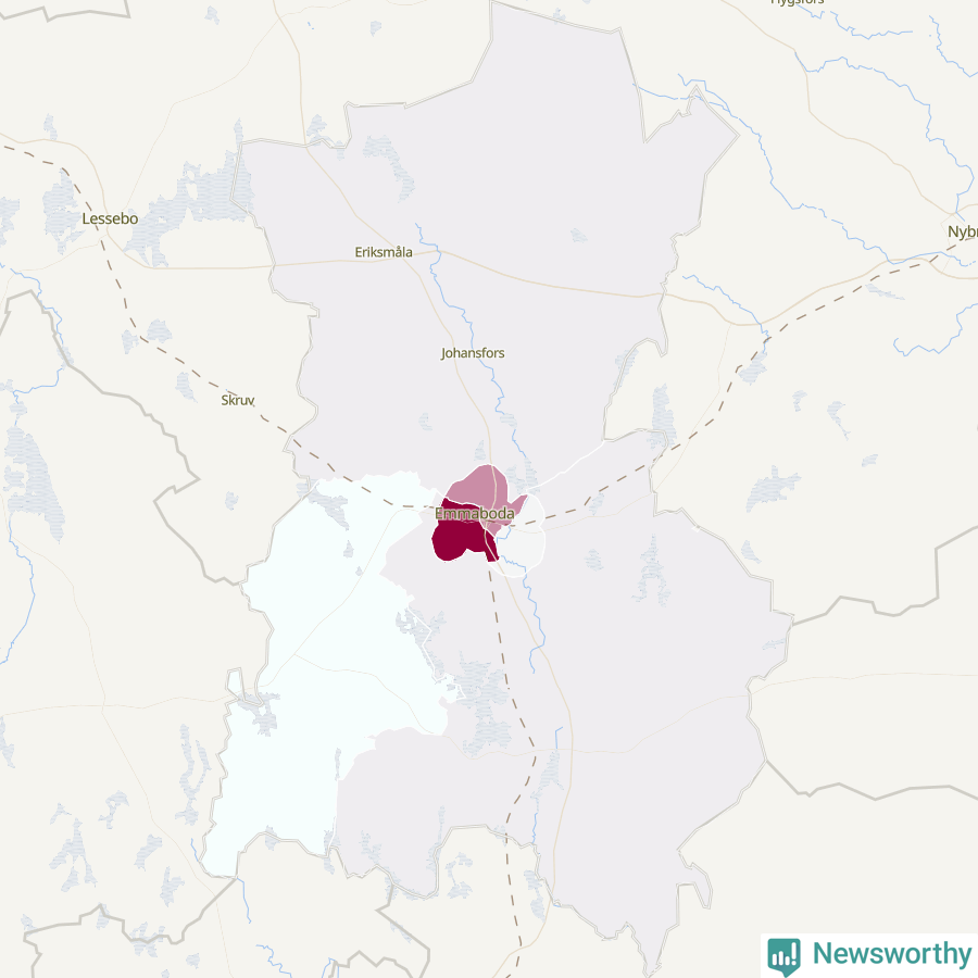 Karta som visar antalet cykelstölder i olika delar av Emmaboda kommun, även i tabell nedan