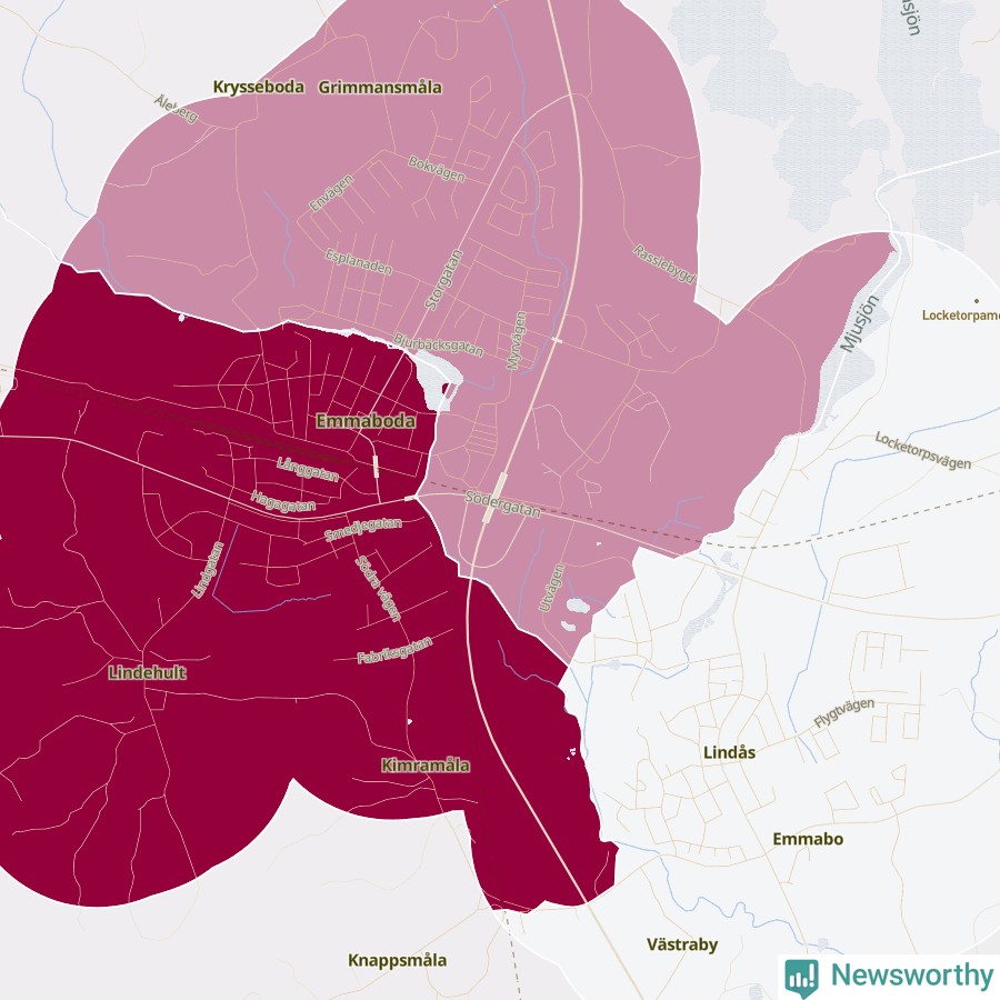 Karta som visar antalet cykelstölder i olika delar av Emmaboda, se tabell ovan