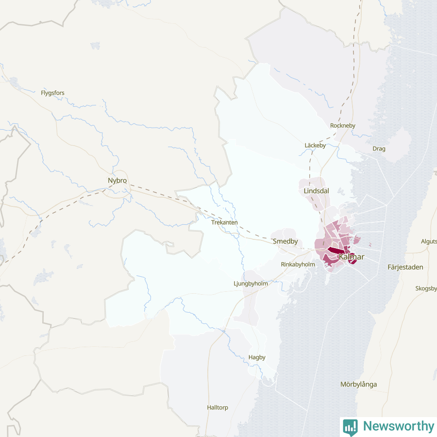 Karta som visar antalet cykelstölder i olika delar av Kalmar kommun, även i tabell nedan