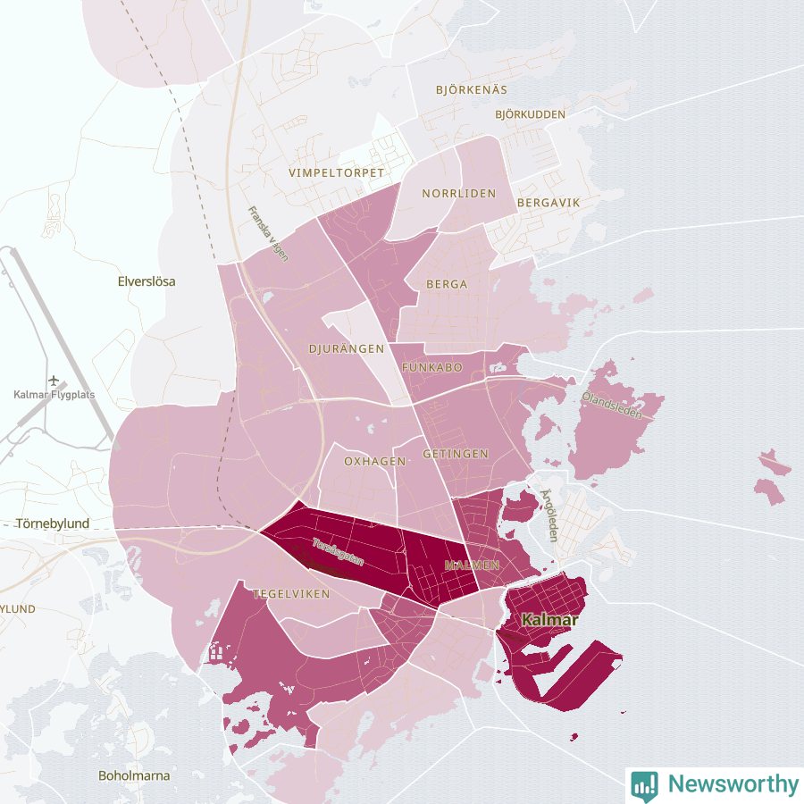 Karta som visar antalet cykelstölder i olika delar av Kalmar, se tabell ovan