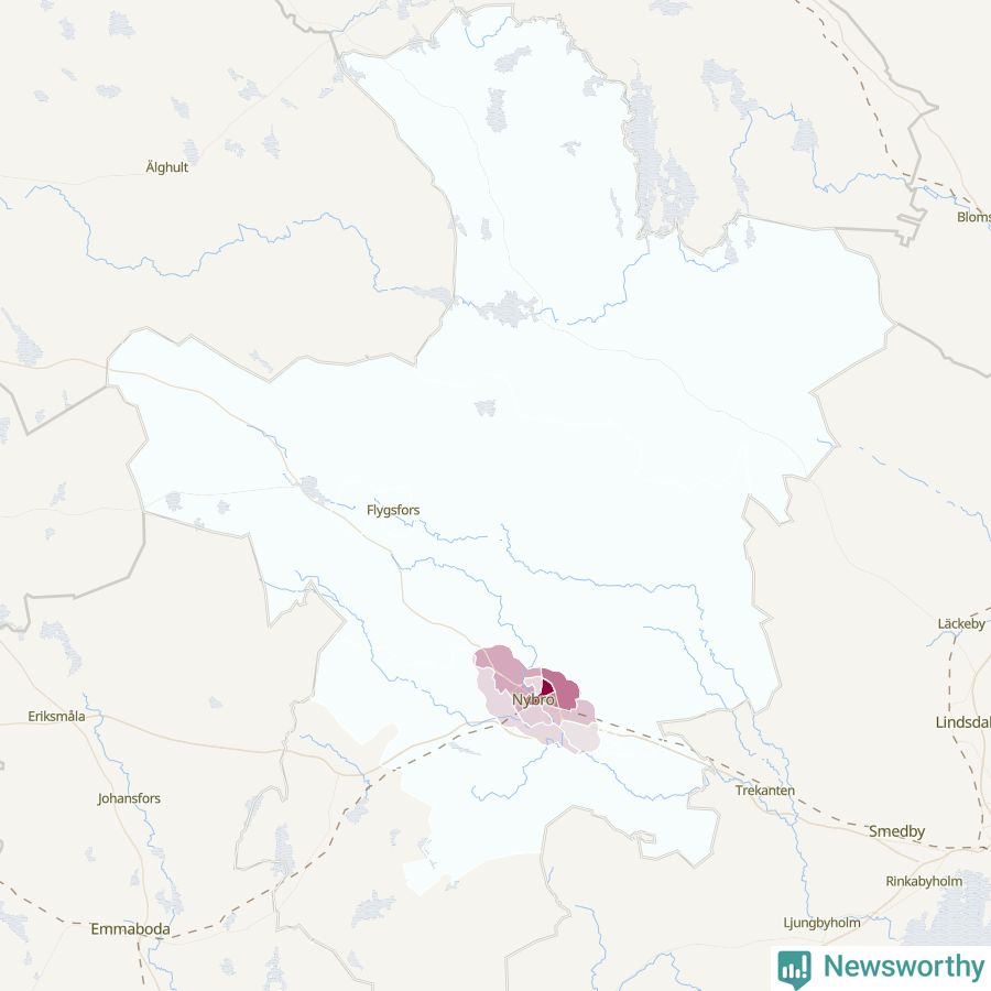 Karta som visar antalet cykelstölder i olika delar av Nybro kommun, även i tabell nedan