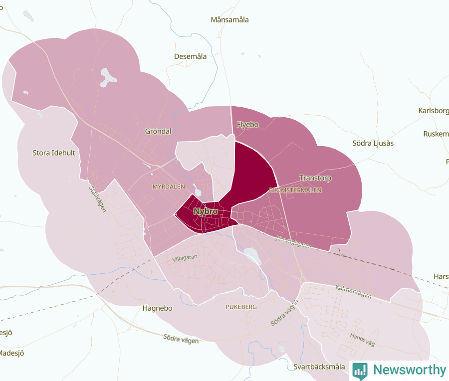 Karta som visar antalet cykelstölder i olika delar av Nybro, se tabell ovan
