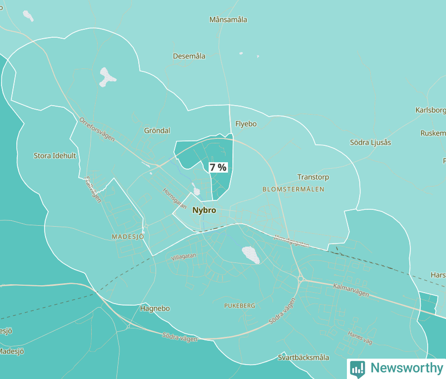 Karta över andel av befolkningen är mellan 0 och 4 år per område i Nybro 2024.