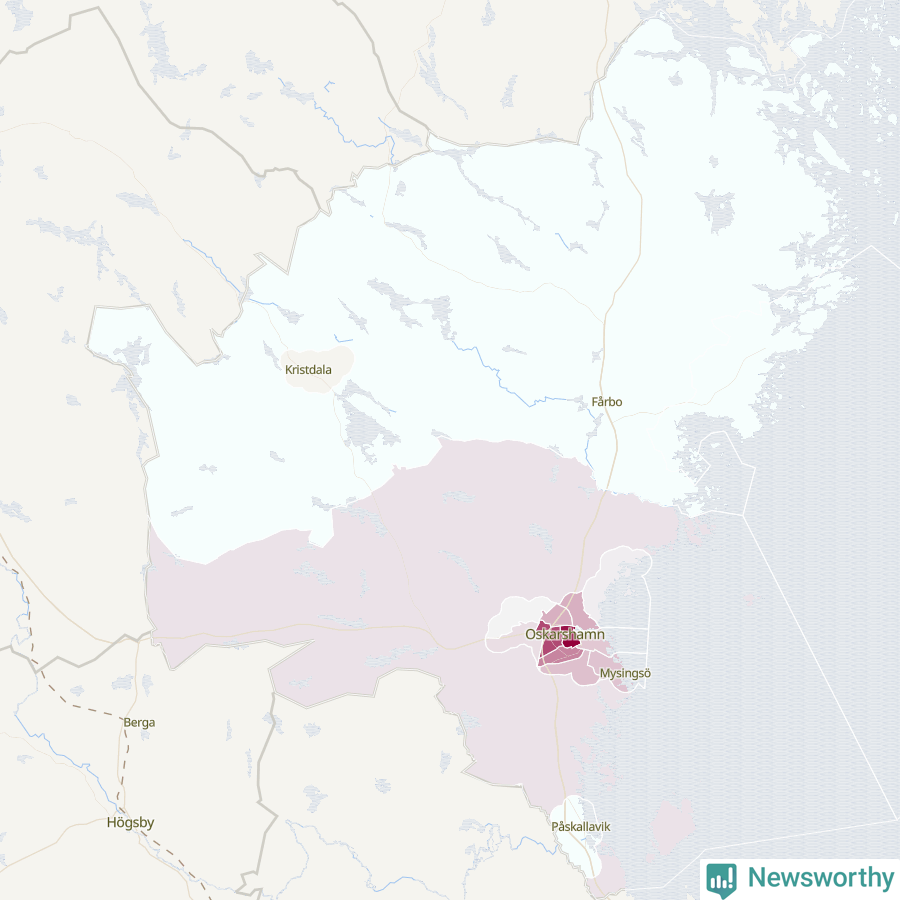 Karta som visar antalet cykelstölder i olika delar av Oskarshamns kommun, även i tabell nedan