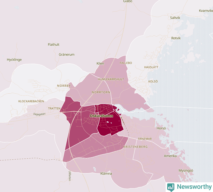 Karta som visar antalet cykelstölder i olika delar av Oskarshamn, se tabell ovan