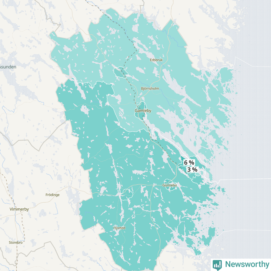 Karta över andel av befolkningensom är mellan 0 och 4 år per område i Västervik 2024.