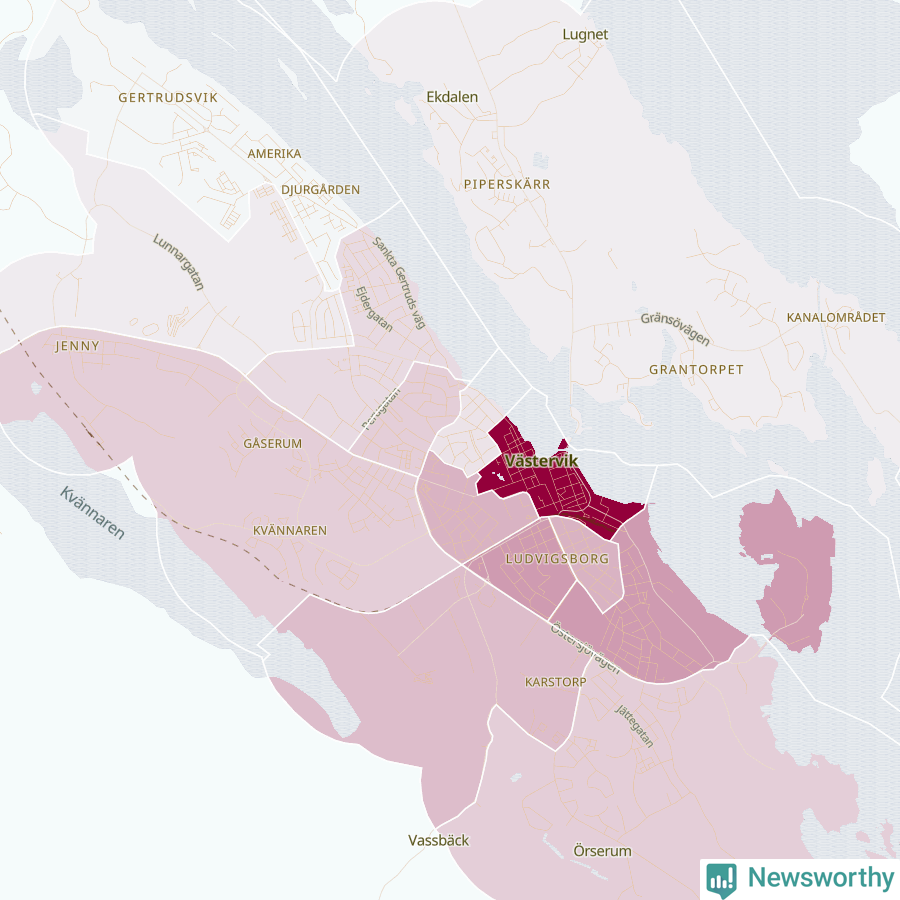 Karta som visar antalet cykelstölder i olika delar av Västervik, se tabell ovan