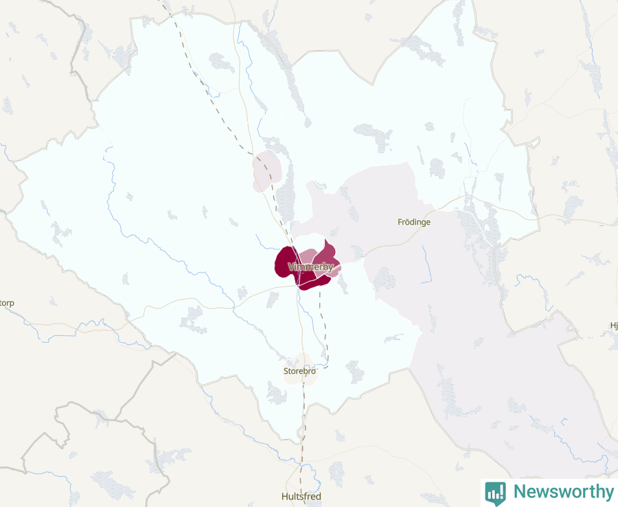 Karta som visar antalet cykelstölder i olika delar av Vimmerby kommun, även i tabell nedan