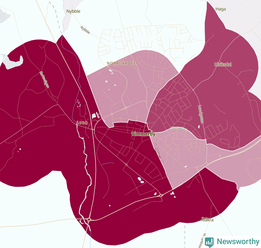 Karta som visar antalet cykelstölder i olika delar av Vimmerby, se tabell ovan