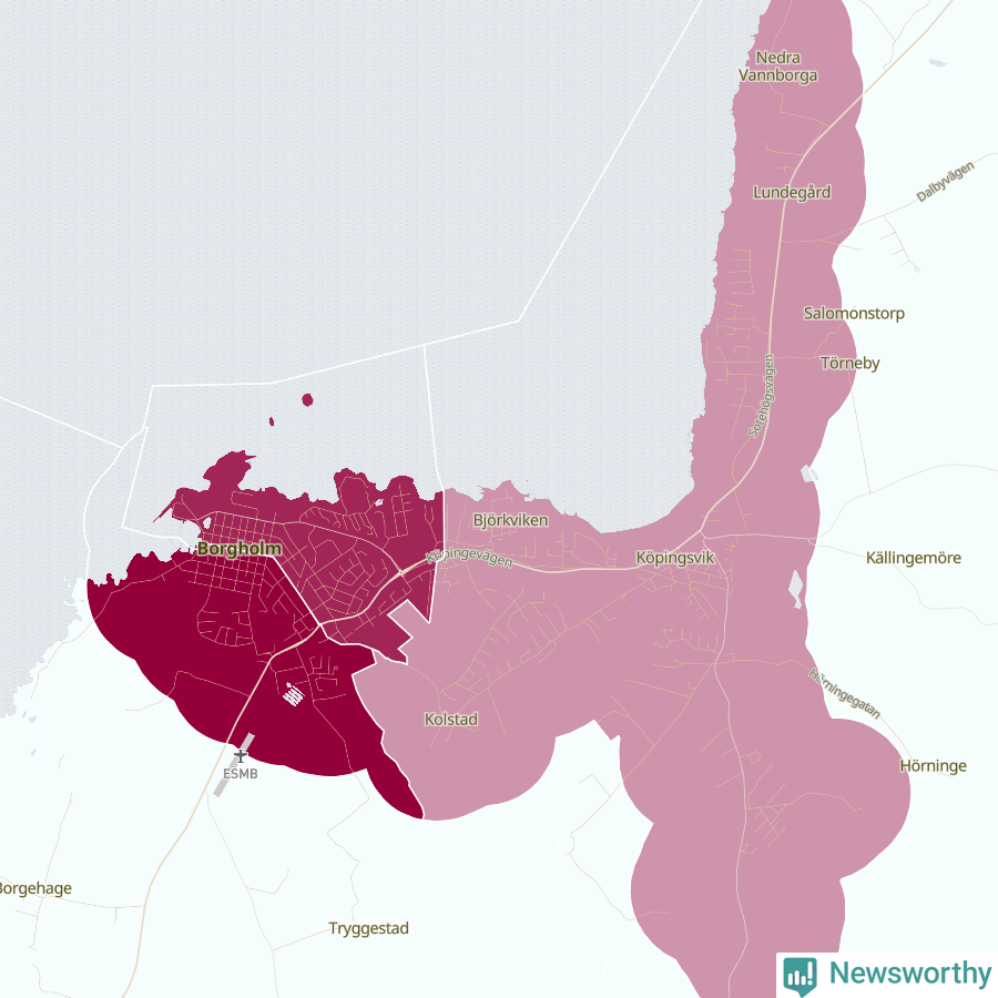Karta som visar antalet cykelstölder i olika delar av Borgholm, se tabell ovan