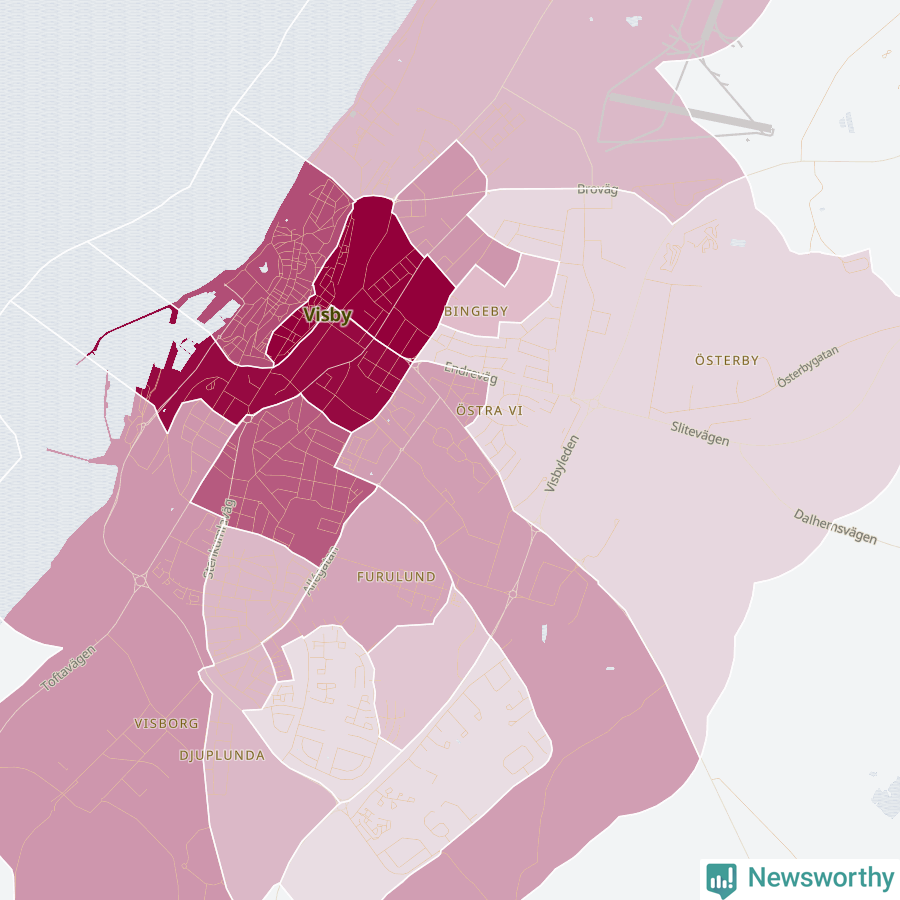 Karta som visar antalet cykelstölder i olika delar av Visby, se tabell ovan