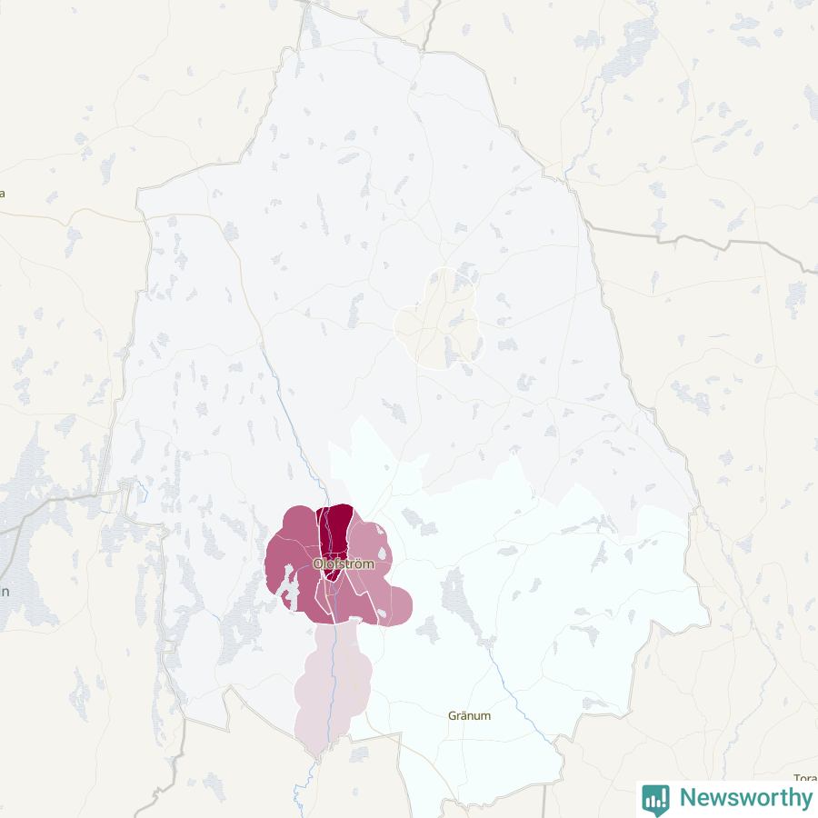 Karta som visar antalet cykelstölder i olika delar av Olofströms kommun, även i tabell nedan