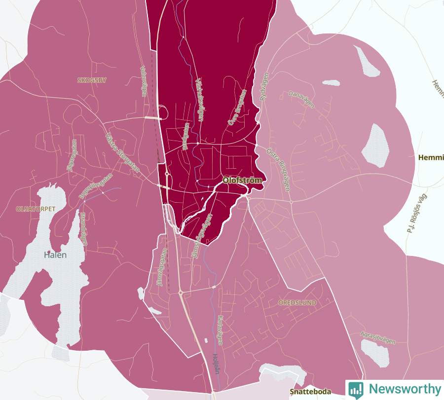 Karta som visar antalet cykelstölder i olika delar av Olofström, se tabell ovan
