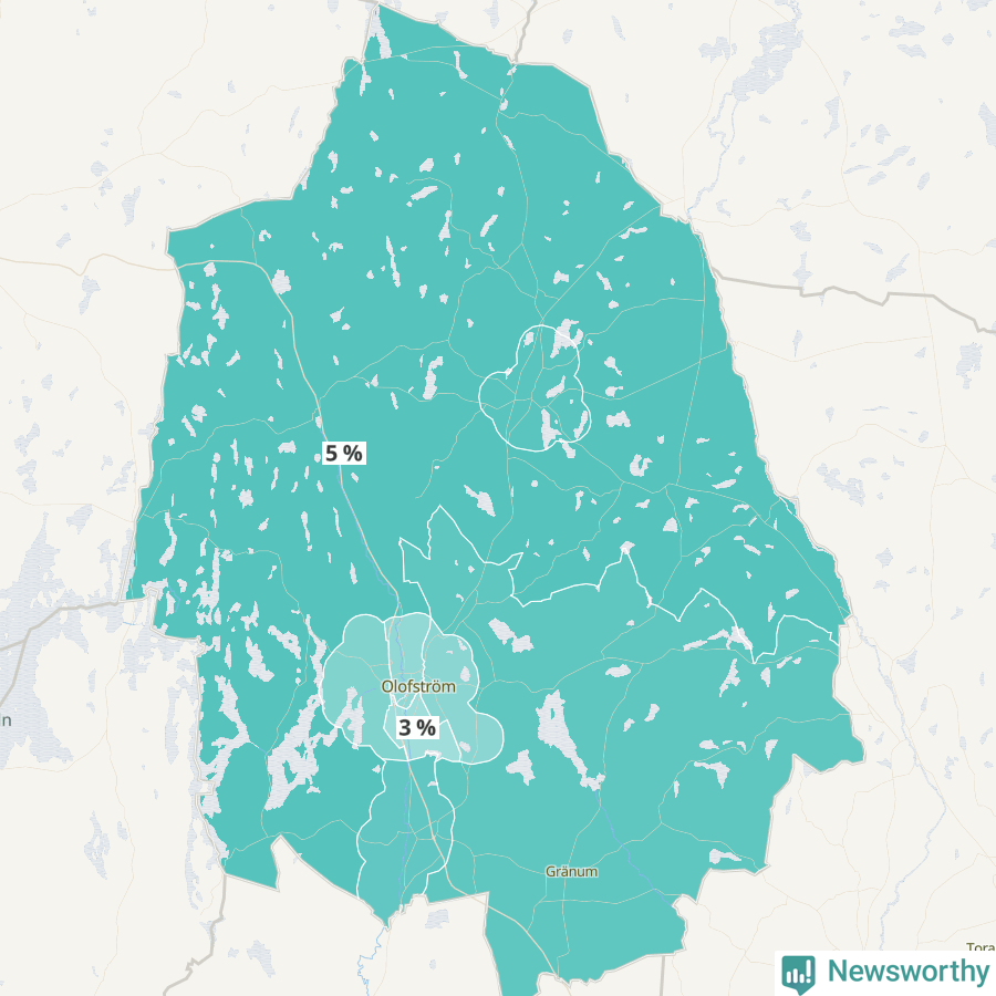 Karta över andel av befolkningensom är mellan 0 och 4 år per område i Olofström 2024.